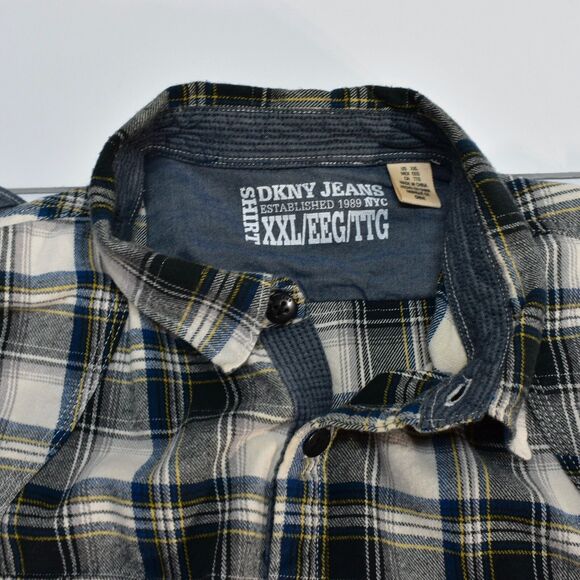 DKNY JEANS Men’s Flannel Button Down Casual Shirt 2XL Roll Up Long Sleeves Gray - Picture 11 of 12